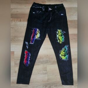 Distressed Jean illusion Leggings with Multicolor peek-a-boo Accents